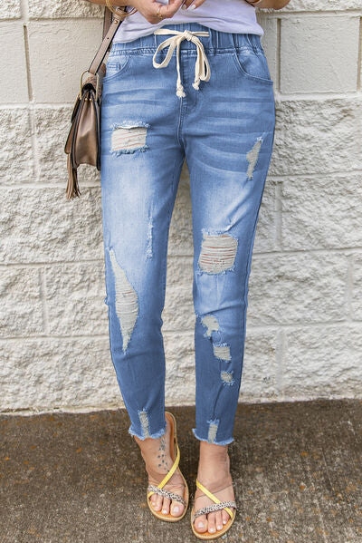 Drawstring Distressed Raw Hem Jeans with Pockets