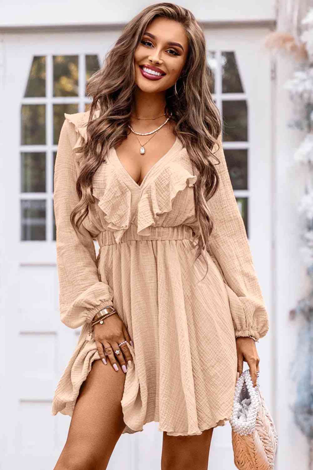 Ruffle Trim V-Neck Long Sleeve Mini Dress